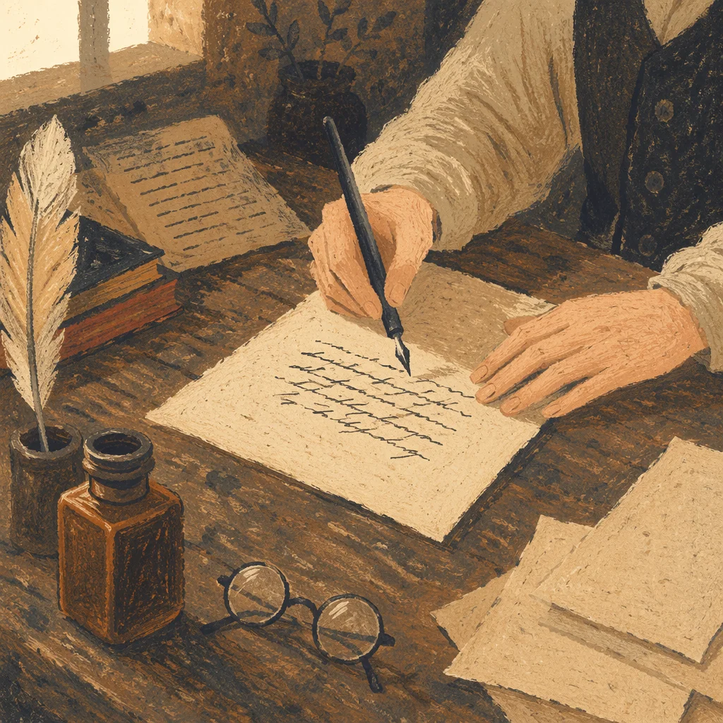 Vintage Calligraphy Practice at Wooden Desk