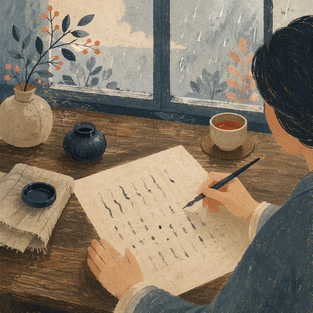 Quiet Calligraphy Practice by Rainy Window
