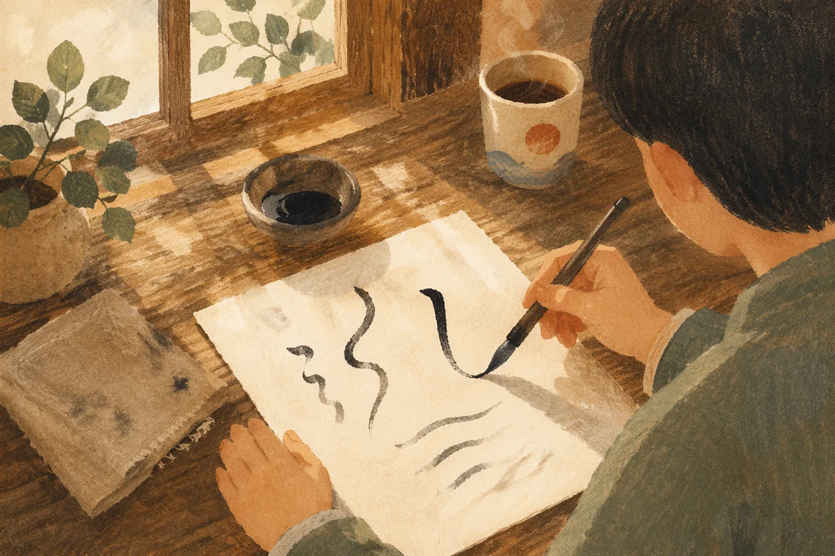 Quiet Calligraphy Practice at Rustic Wooden Desk