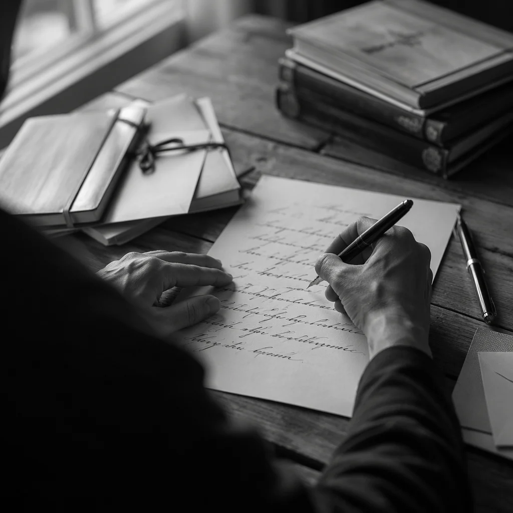 Quiet Calligraphy Practice at Rustic Wooden Desk