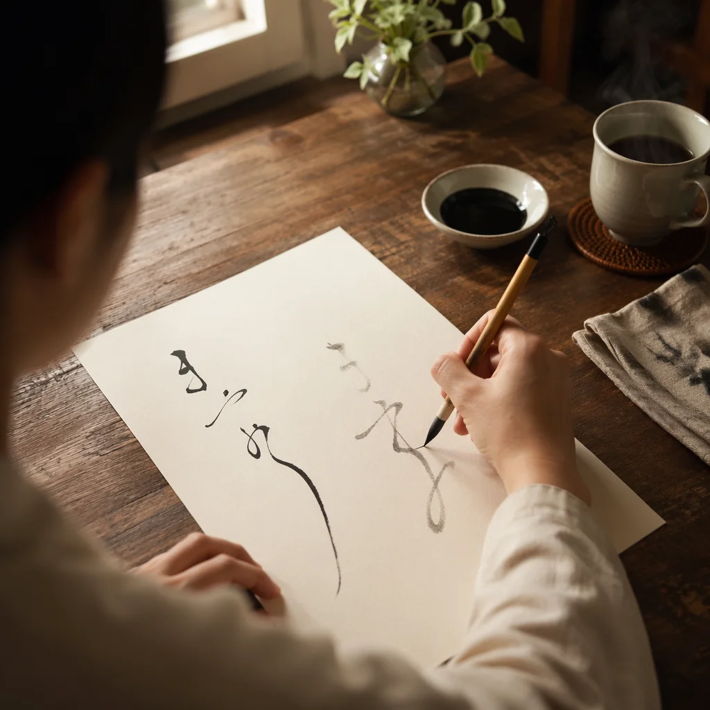 Calligraphy Practice at Rustic Wooden Desk