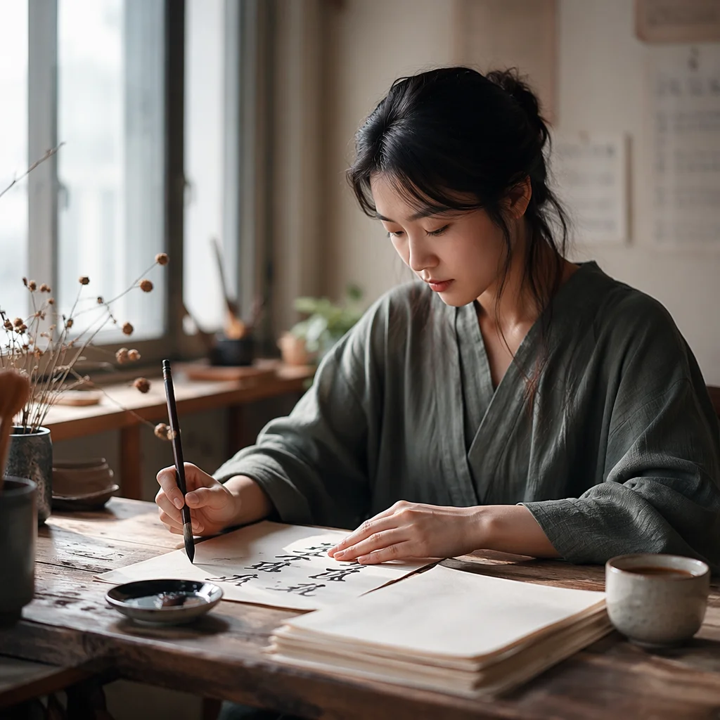 Young Woman Practicing Calligraphy by Window