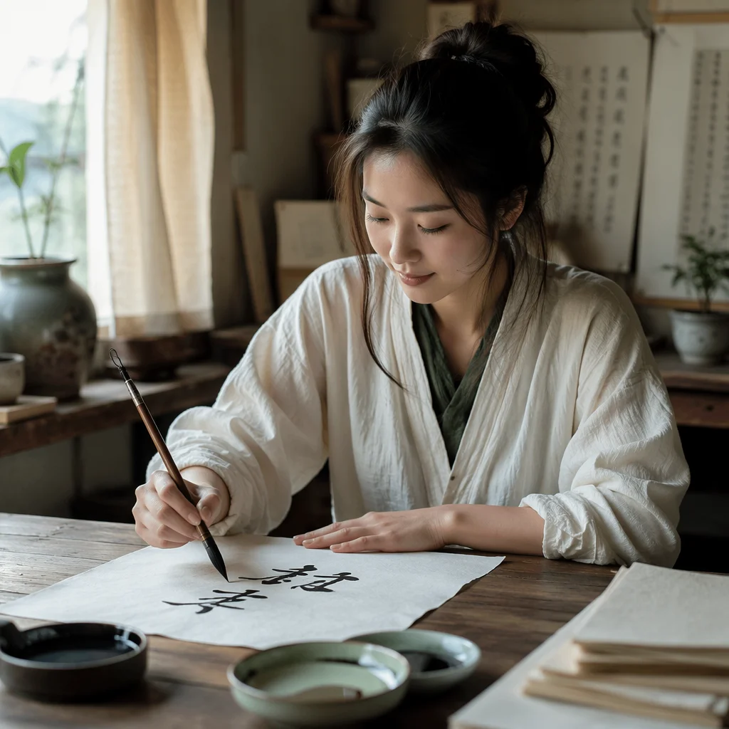 Young Woman Practicing Calligraphy at Desk