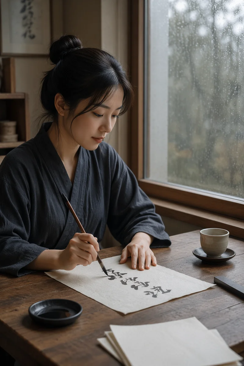 Young Woman Practicing Calligraphy by Window
