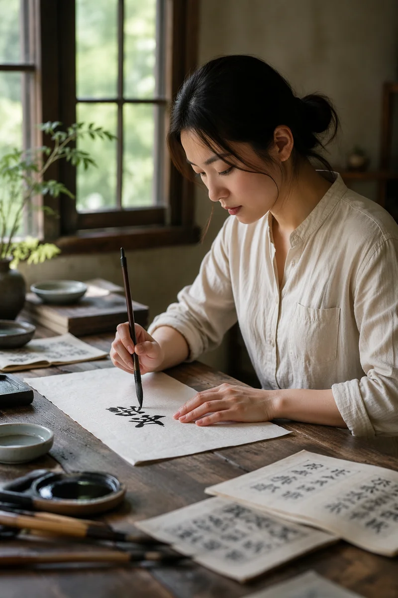 Young Woman Practicing Calligraphy by Window