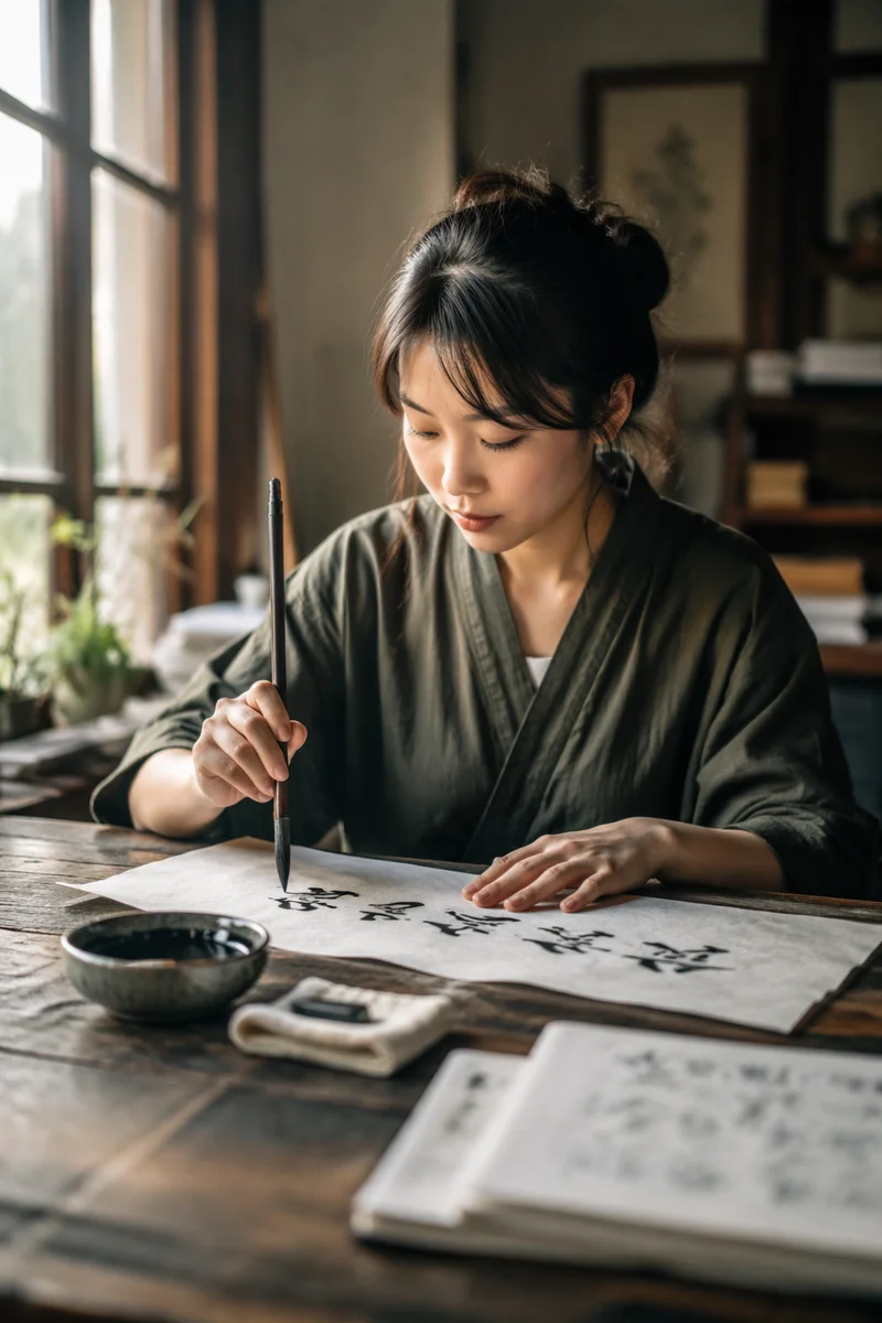 Young Woman Practicing Calligraphy by Window