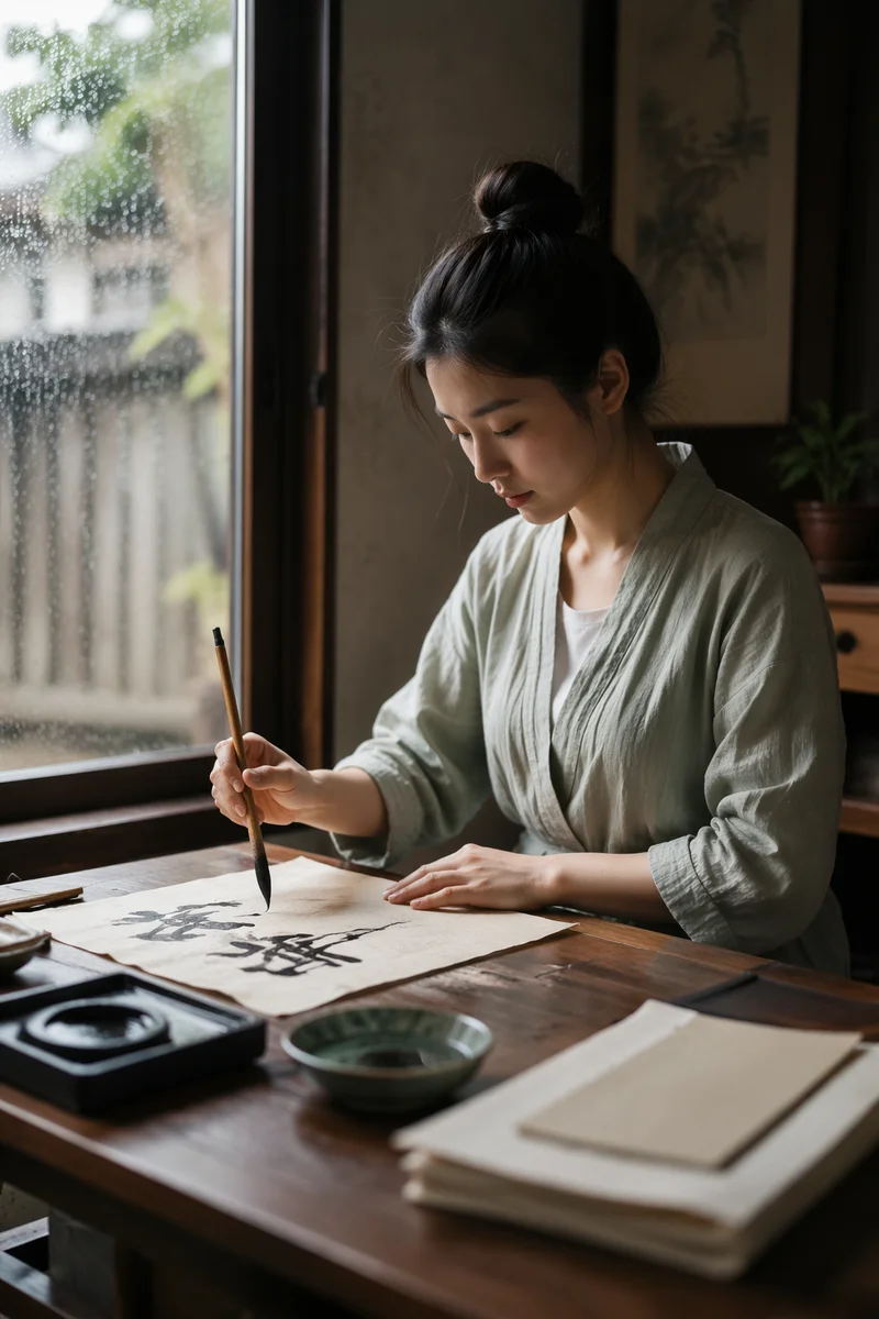 Young Woman Practicing Calligraphy by Window
