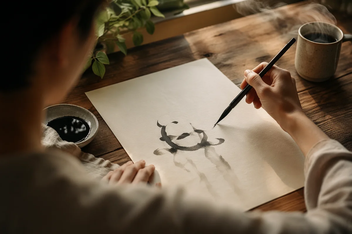 Calligraphy Practice at Rustic Wooden Desk