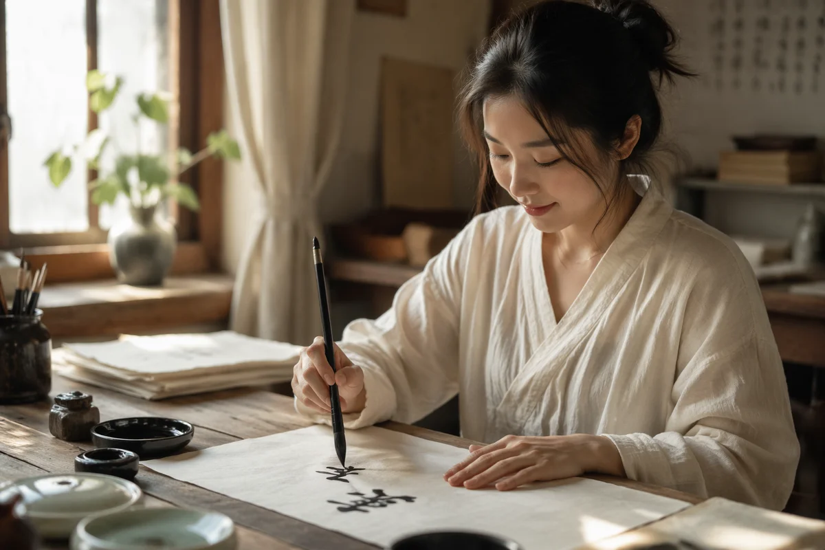 Young Woman Practicing Calligraphy at Desk