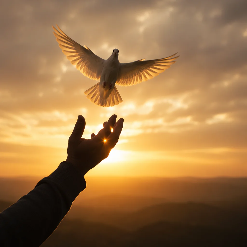 White Dove Released Into Golden Sunset