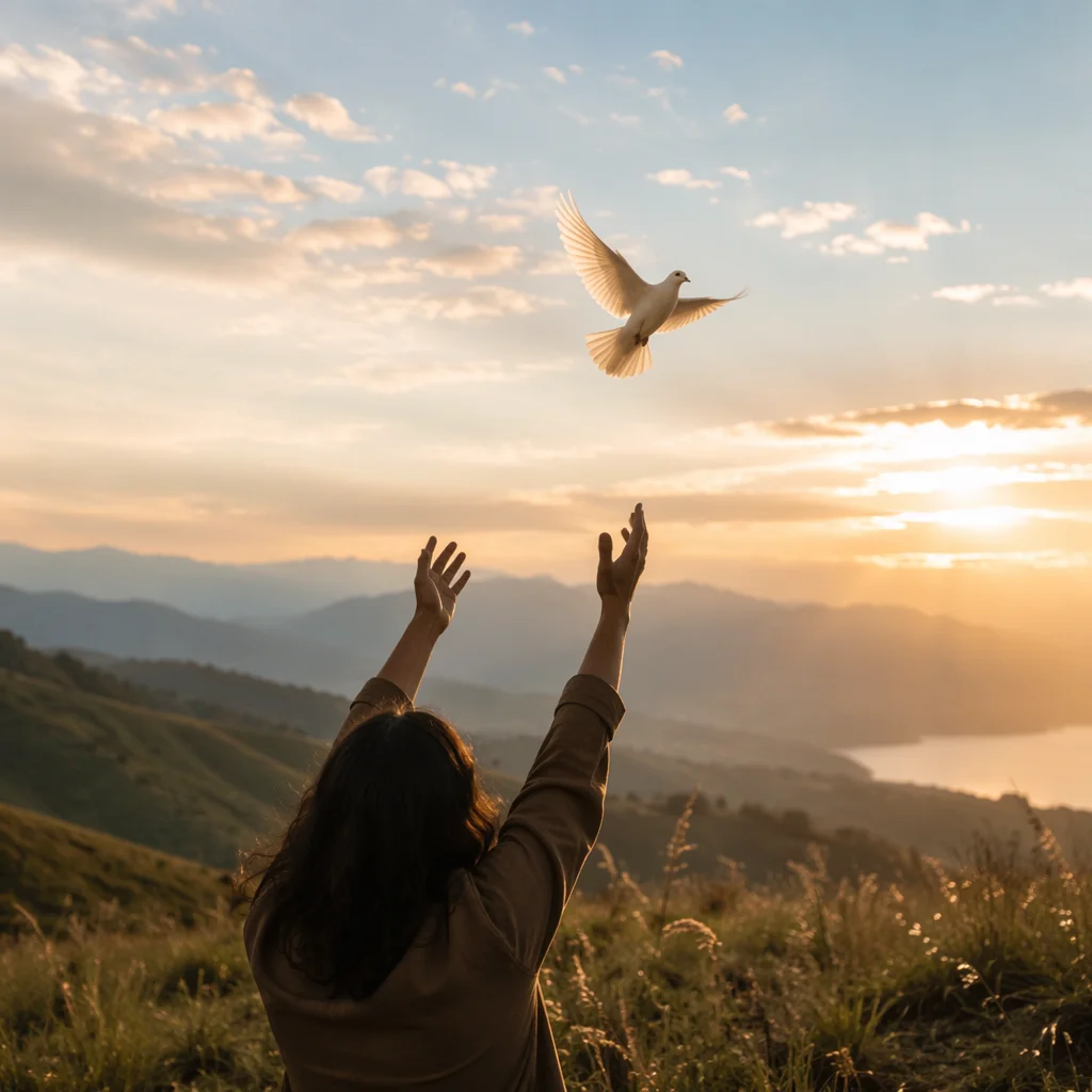 Person Releasing Dove at Sunrise
