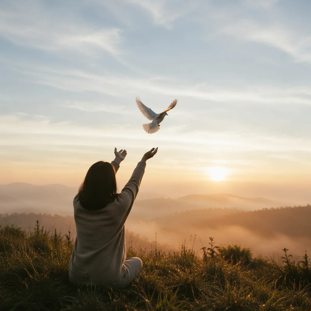 Silhouetted Figure Releasing Dove at Sunrise