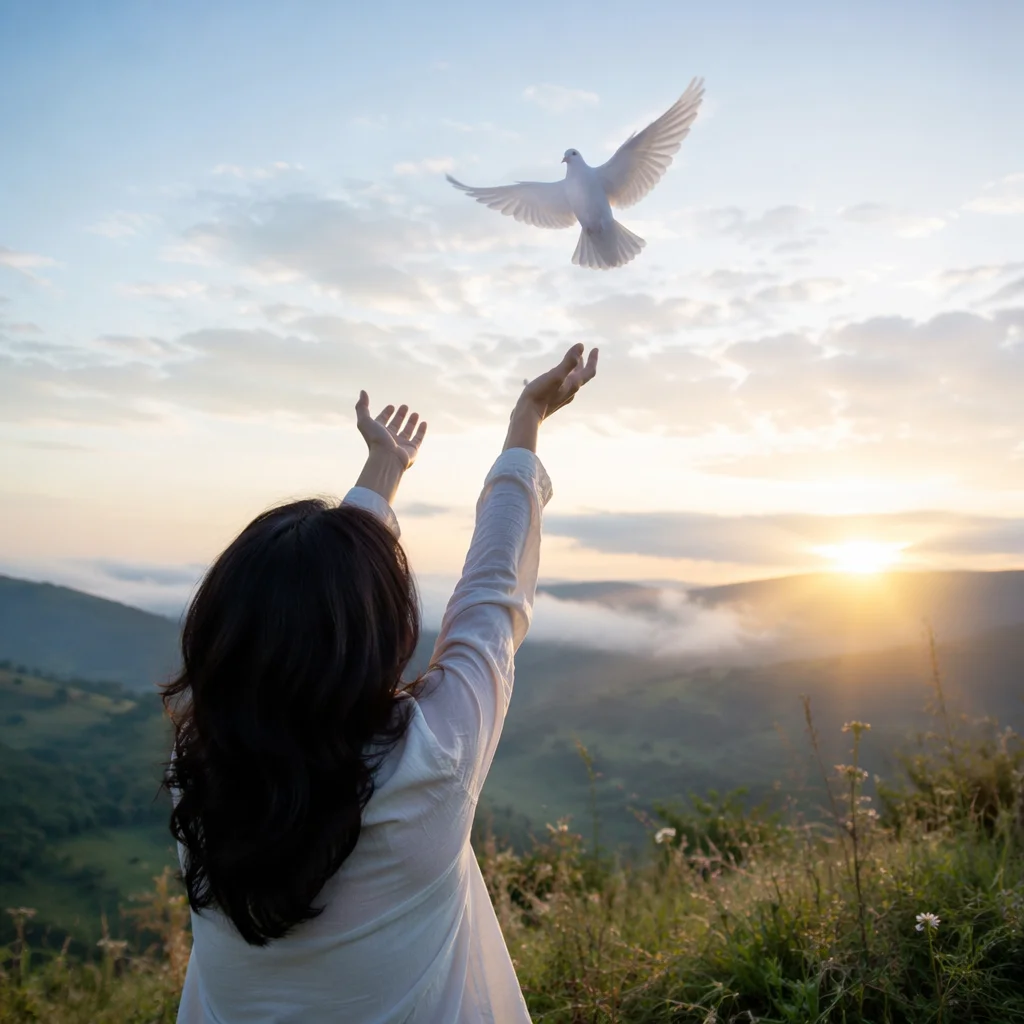 Person Releasing Dove Into Sunrise Sky