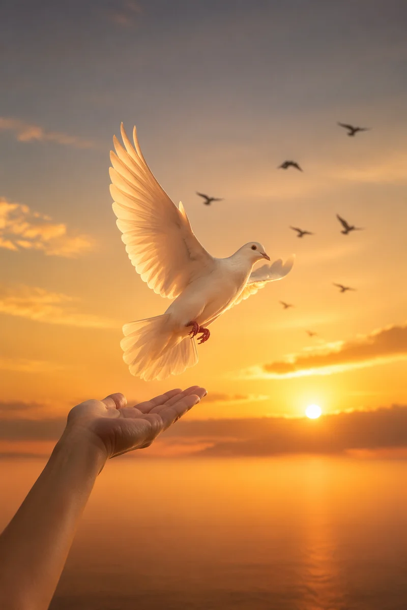 Hand Releasing White Dove at Sunset