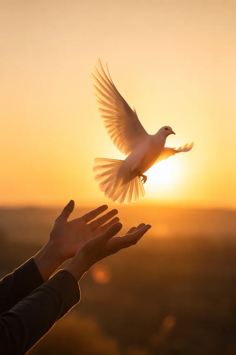 Hands Releasing White Dove at Sunset