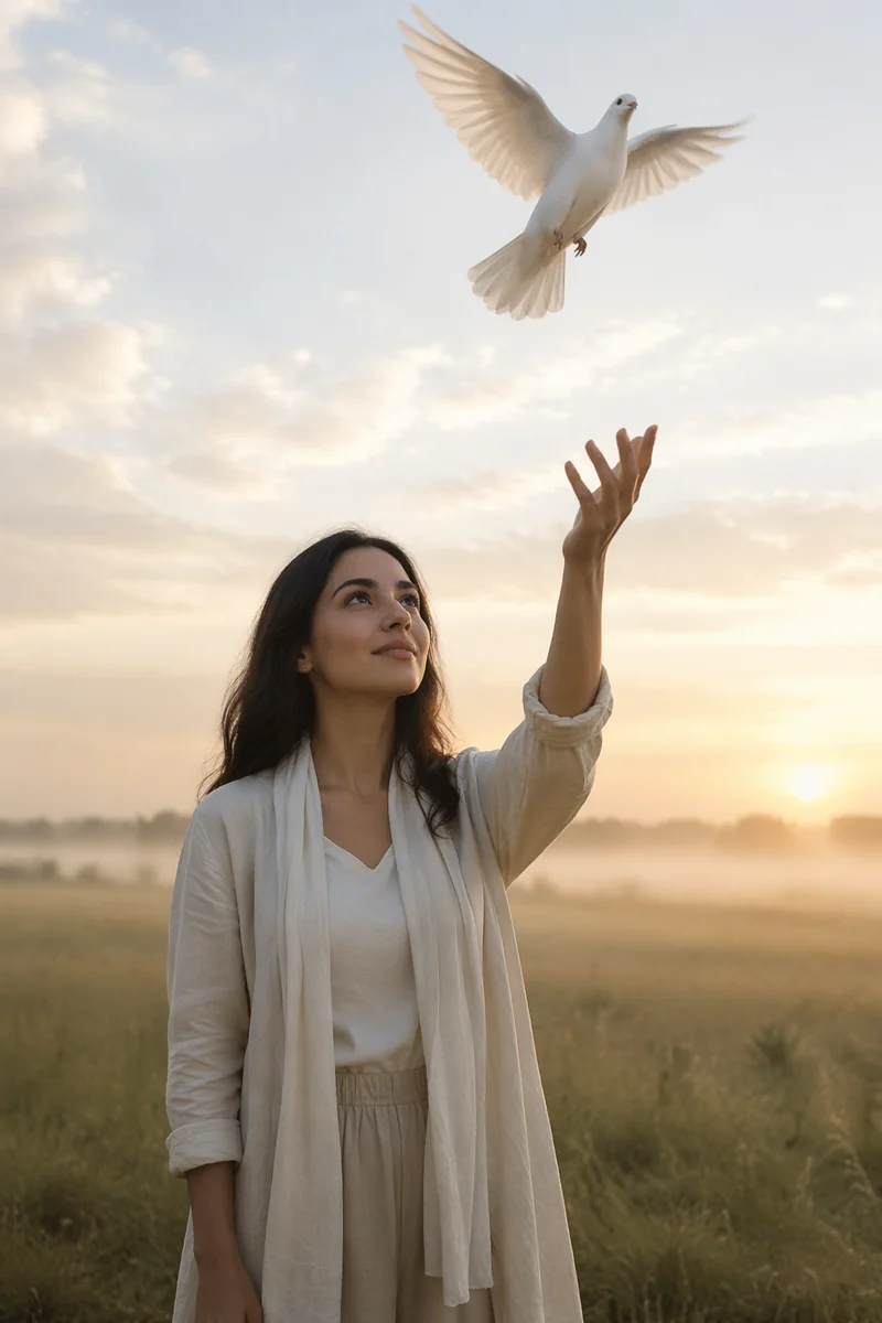 Woman Releasing White Dove at Sunrise