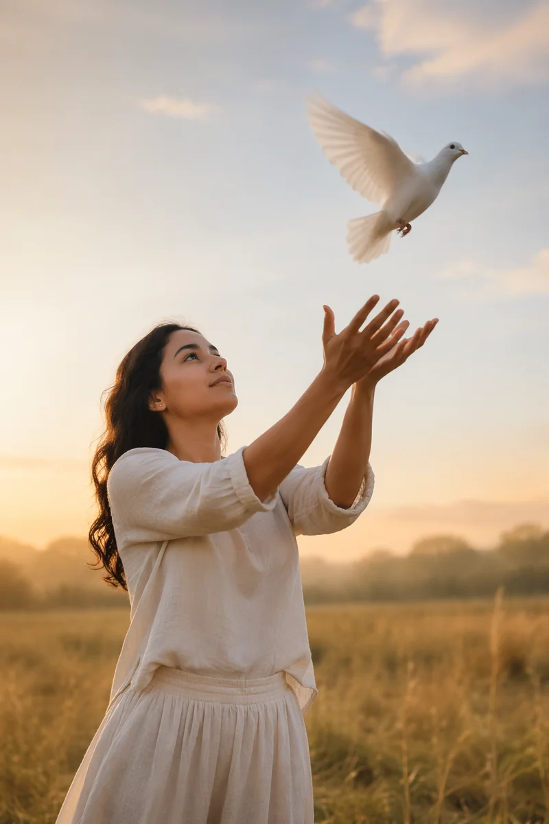 Woman Releasing White Dove at Sunrise