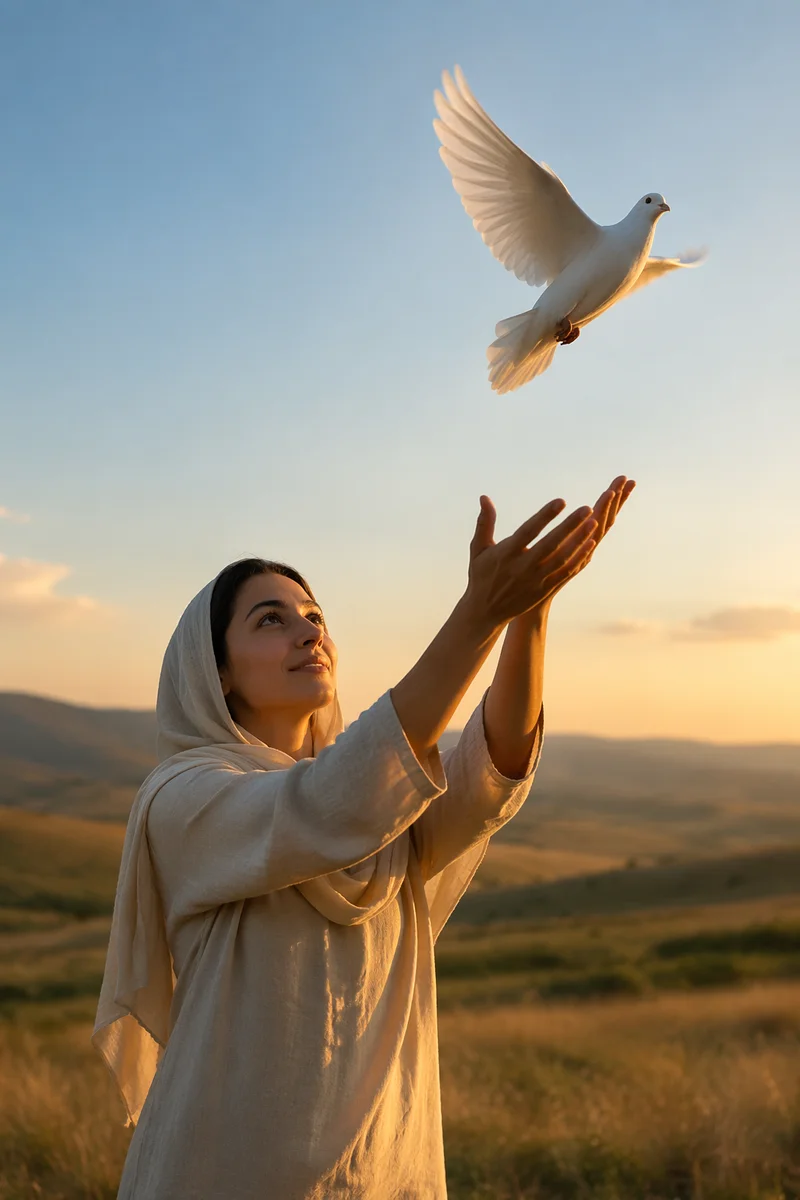 Woman Releasing White Dove at Sunrise