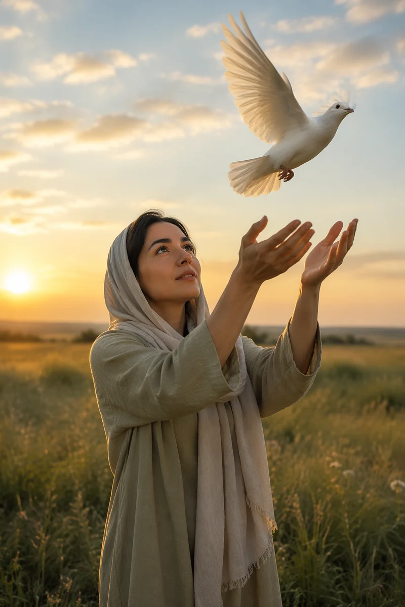 Woman Releasing White Dove at Sunrise