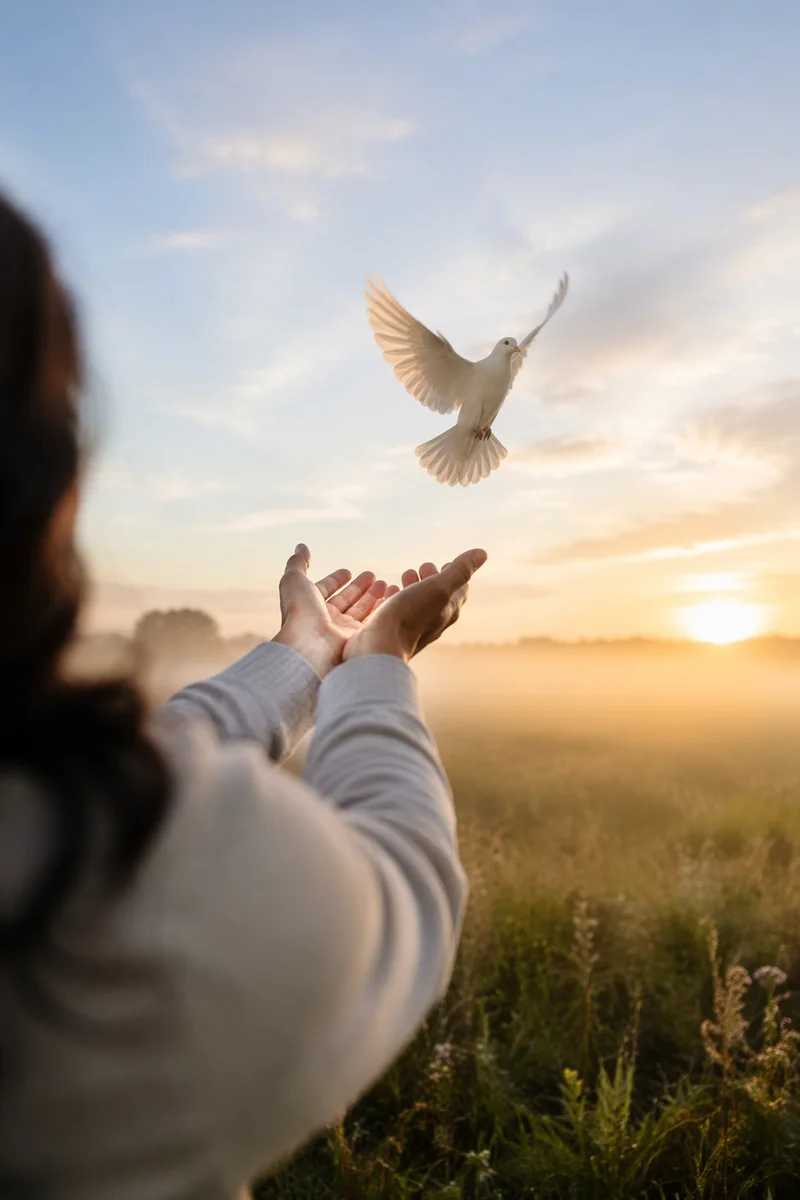 White Dove Released into Sunrise Sky