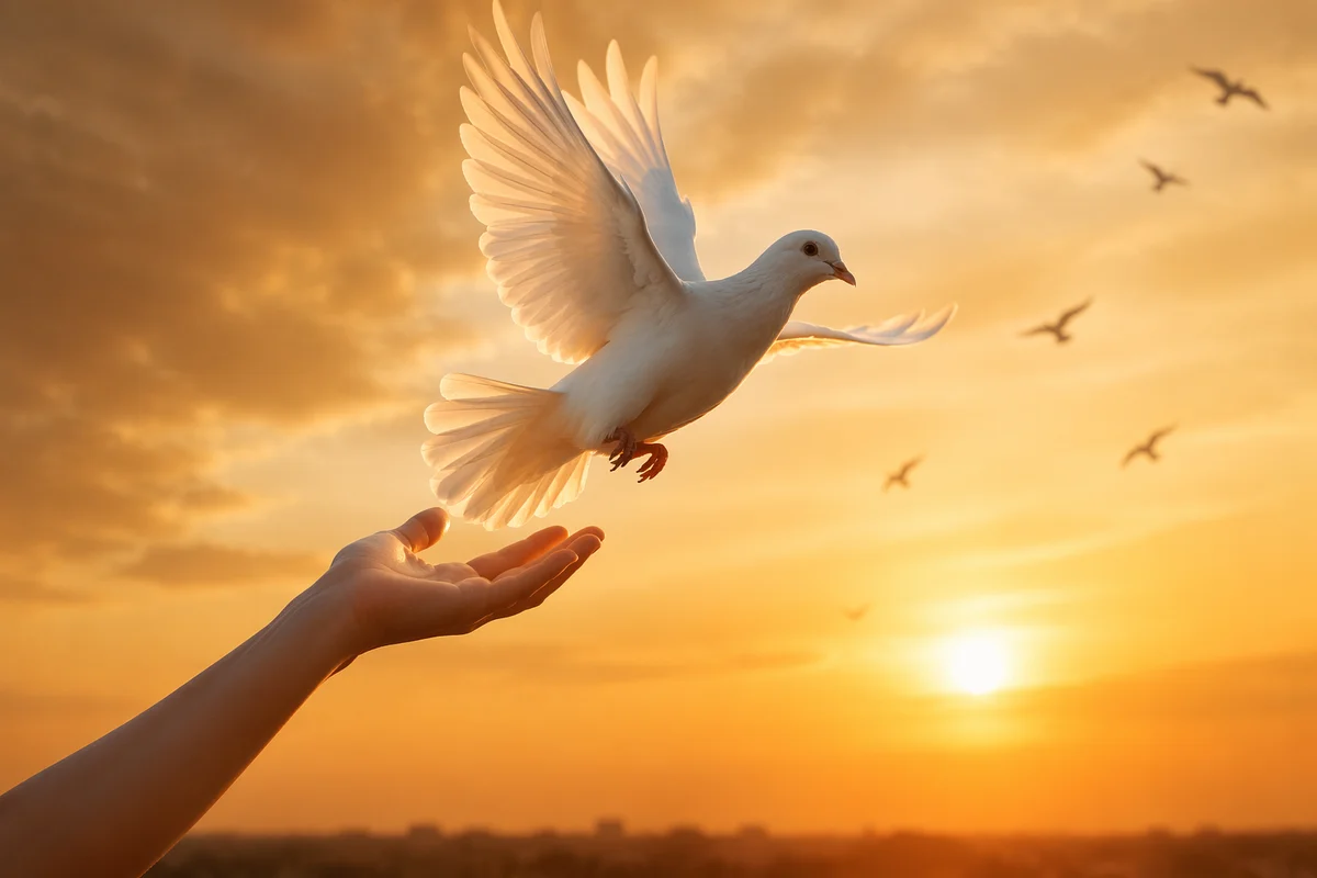 Hand Releasing White Dove at Sunset
