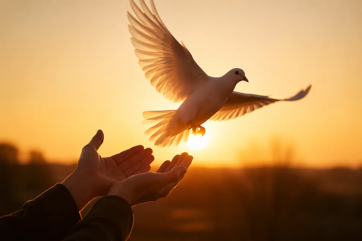 Hands Releasing White Dove at Sunset