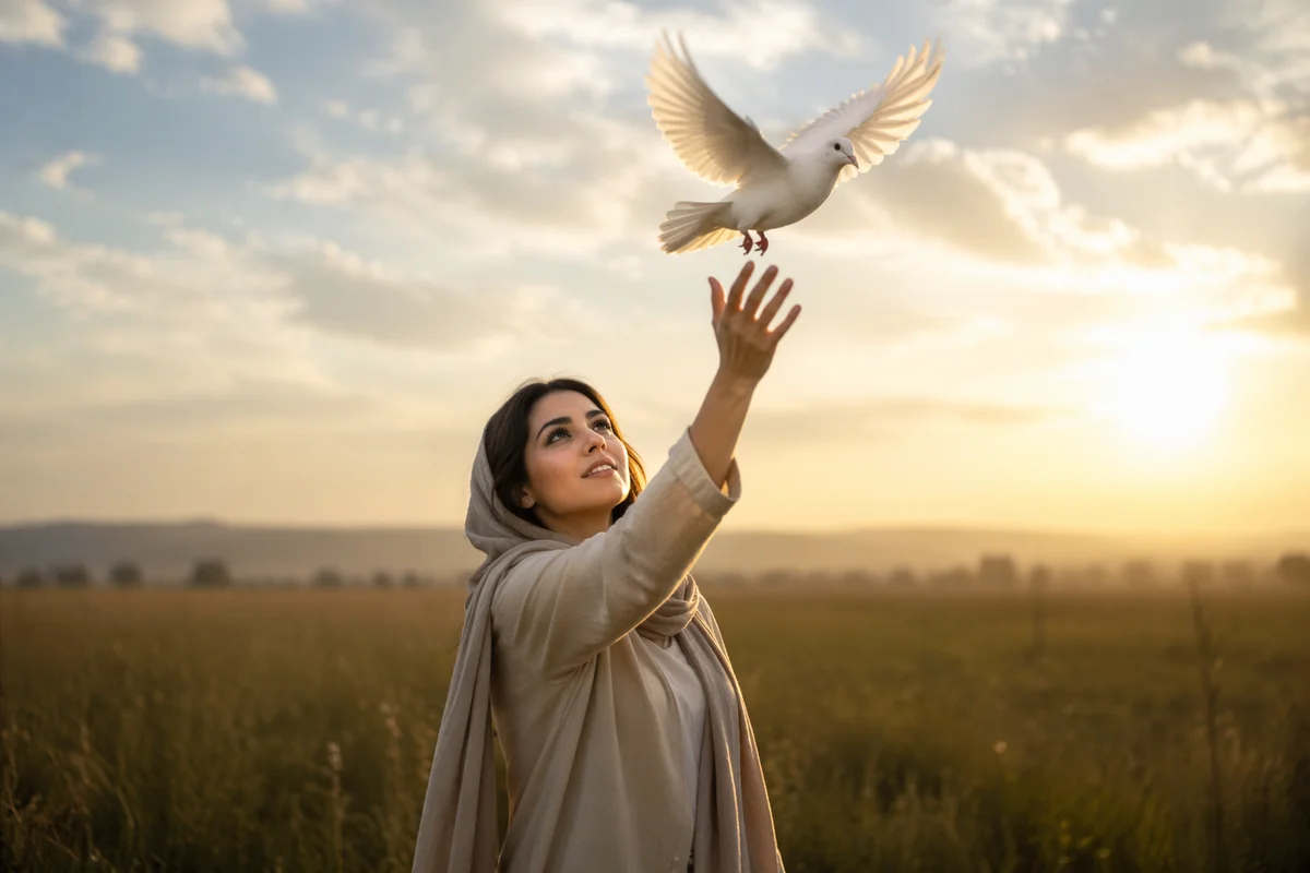 Woman Releasing White Dove at Sunrise