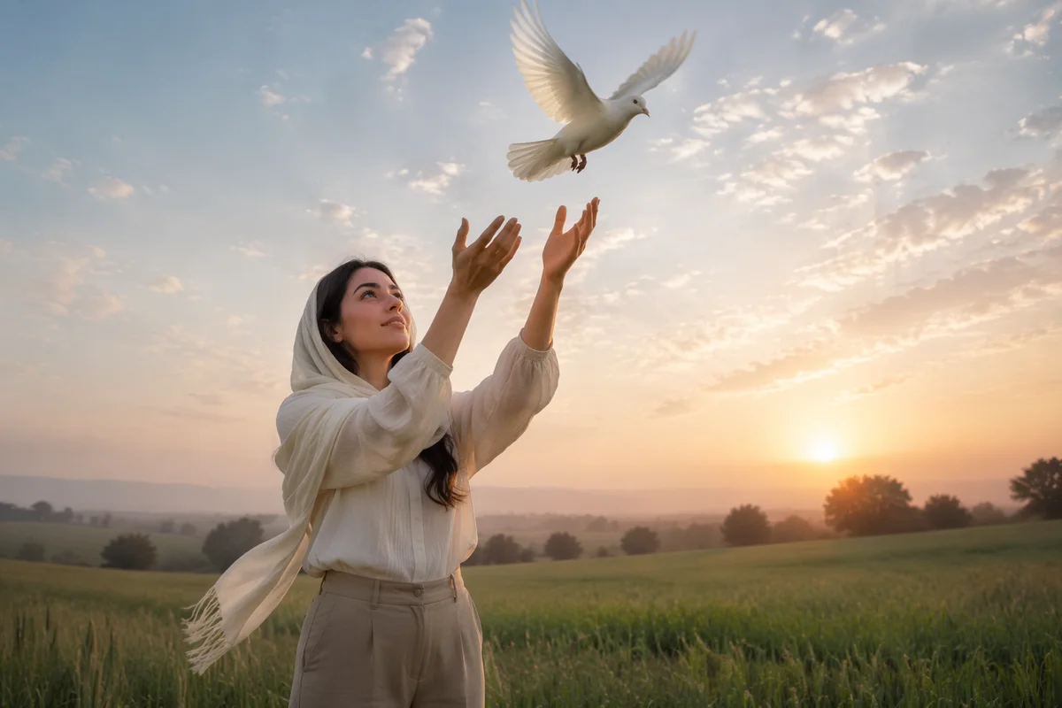 Woman Releasing White Dove at Sunrise