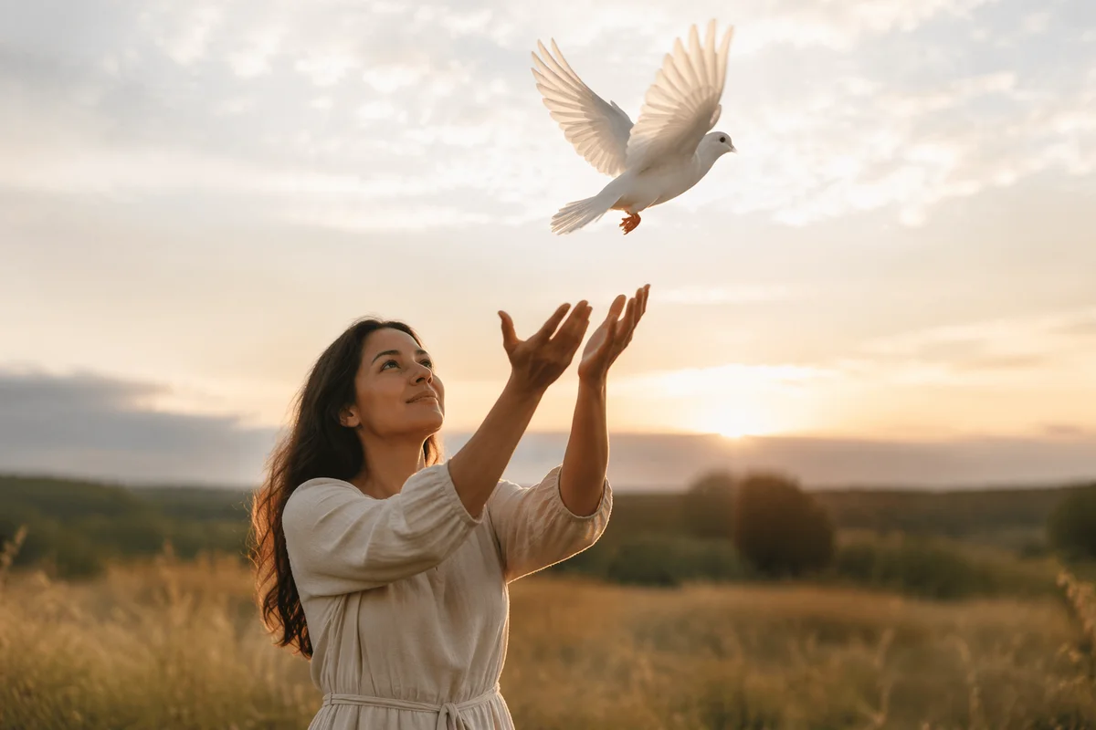 Young Woman Releasing White Dove at Sunrise