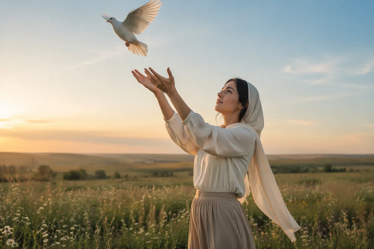 Woman Releasing White Dove at Sunrise