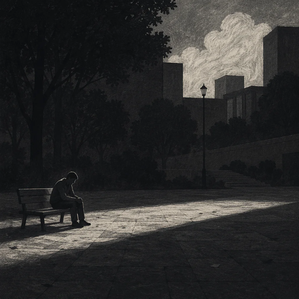Solitary Bench Contemplation in Urban Park