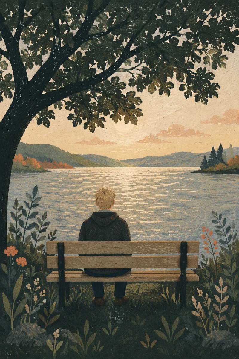 Solitary Park Bench Contemplation by Quiet Lake