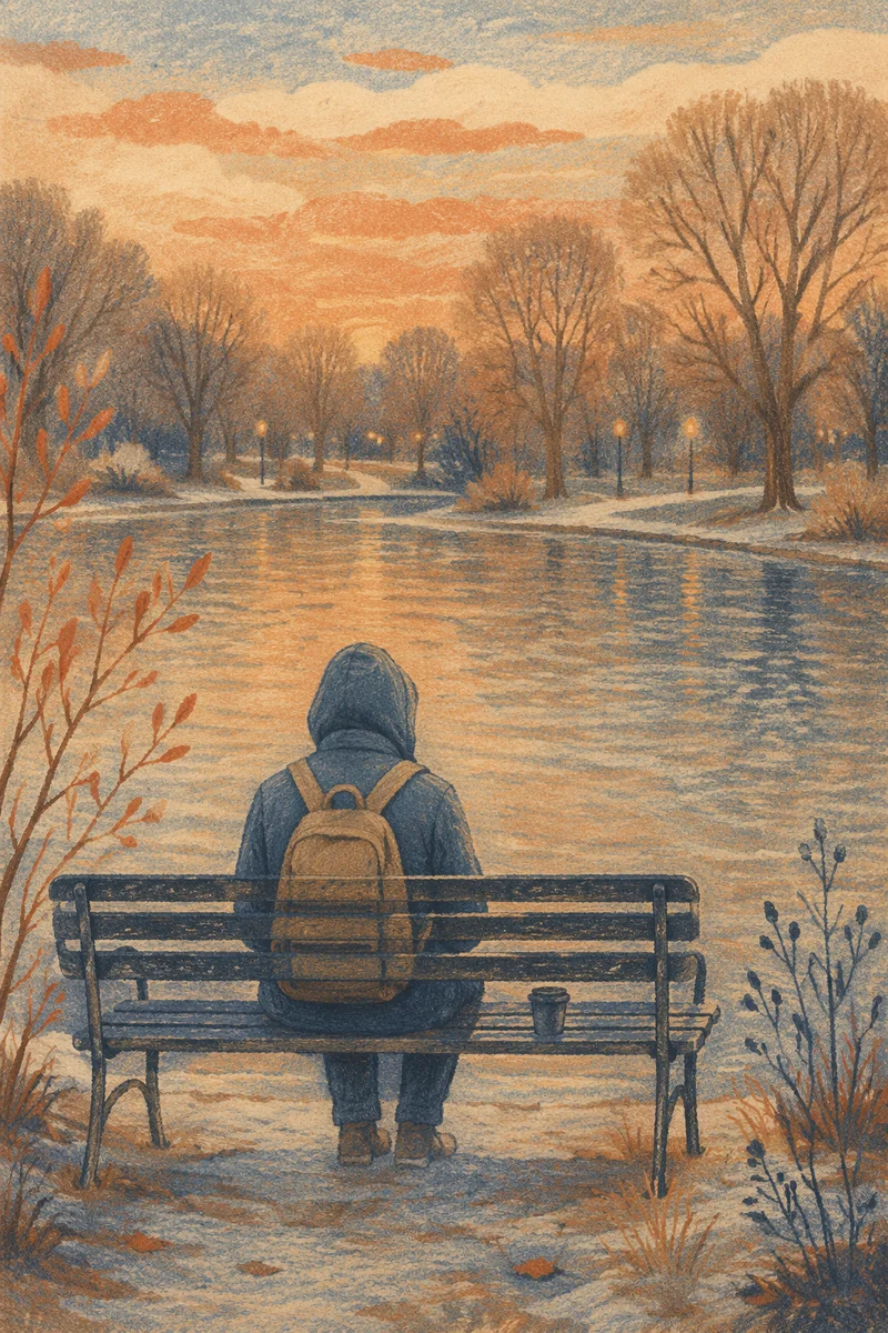 Solitary Park Bench by Winter Lake