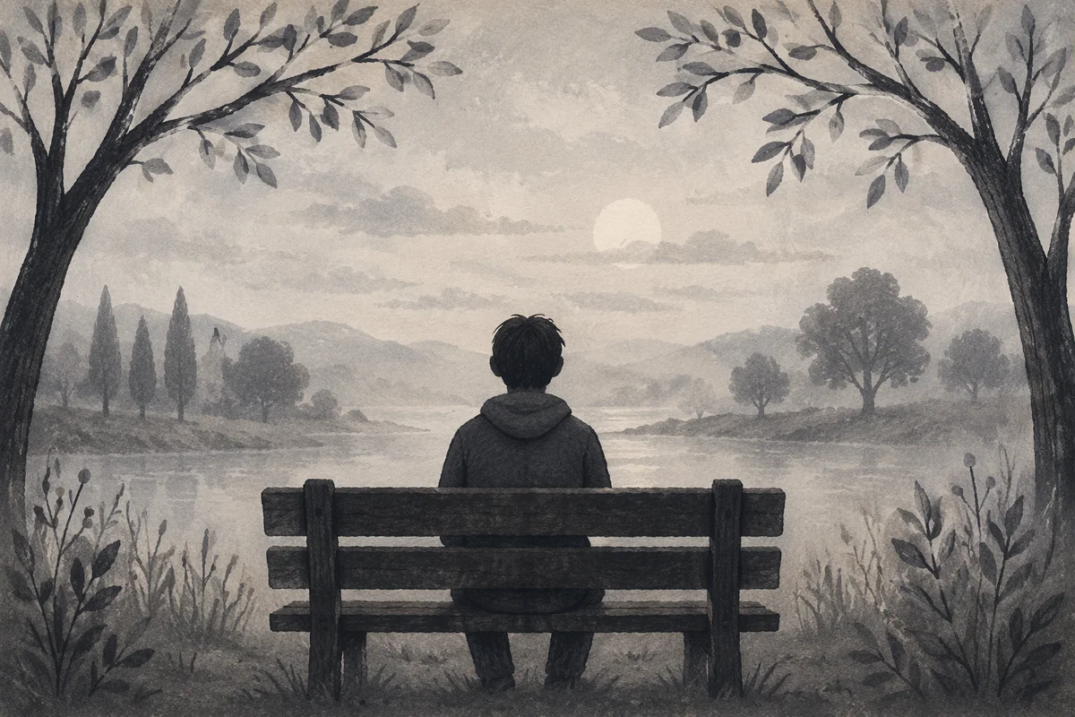 Solitary Bench Contemplation in Misty Park