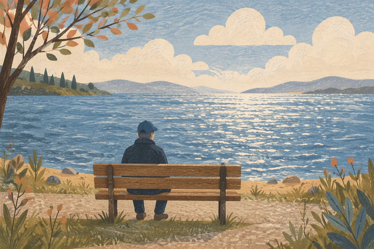 Solitary Reflection on Lakeside Park Bench
