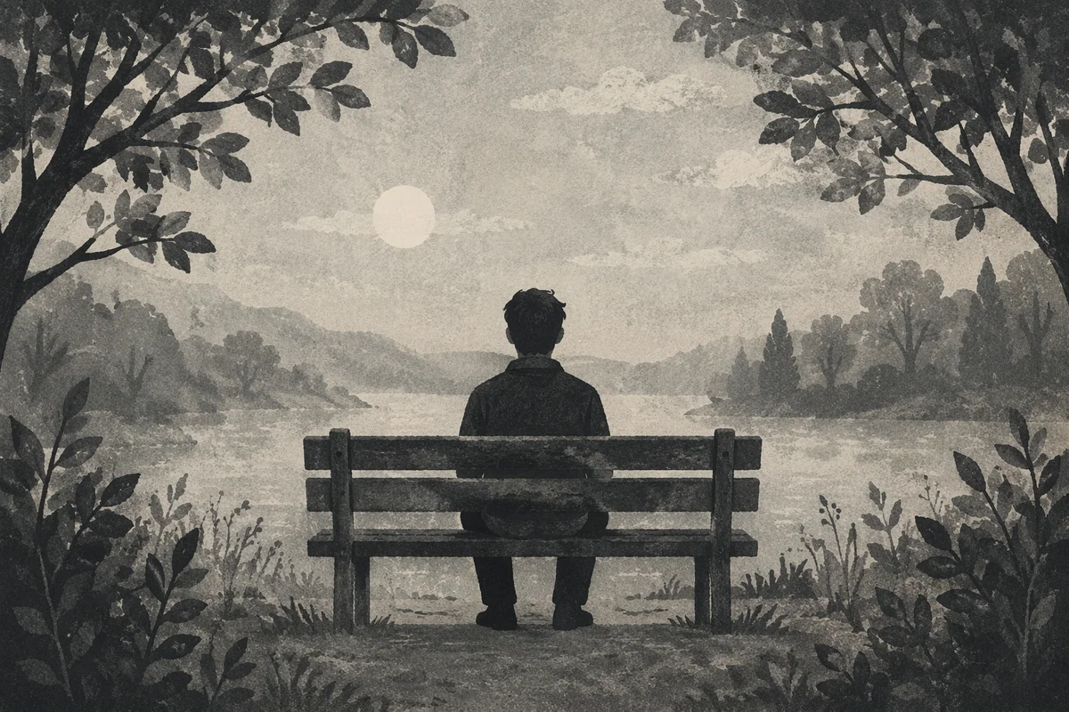 Solitary Person on Park Bench in Reflection