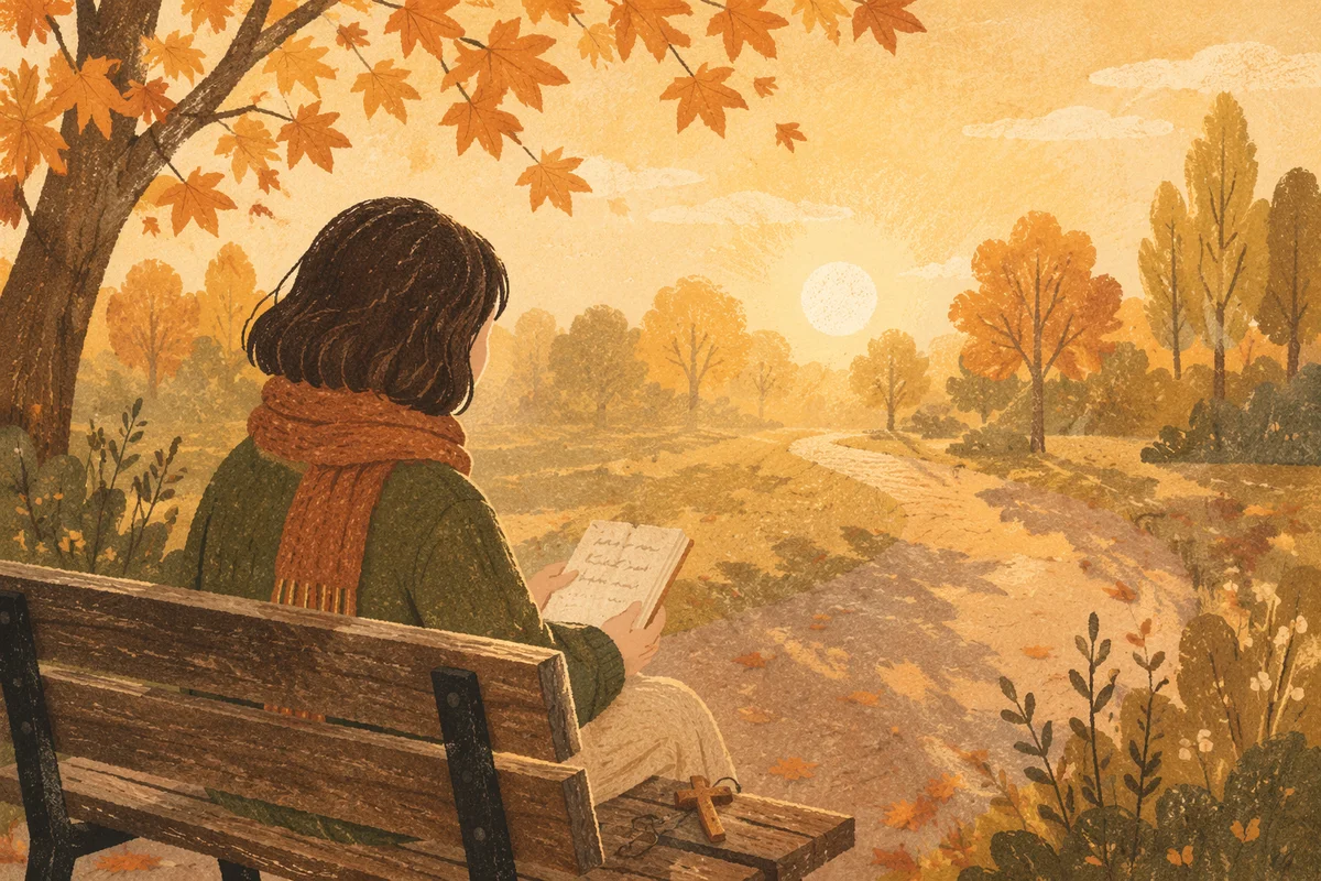 Solitary Park Bench Prayer at Autumn Sunrise