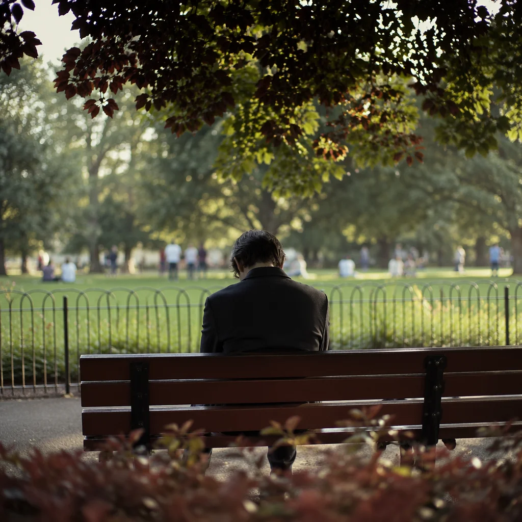 Solitary Park Bench Contemplation at Golden Hour