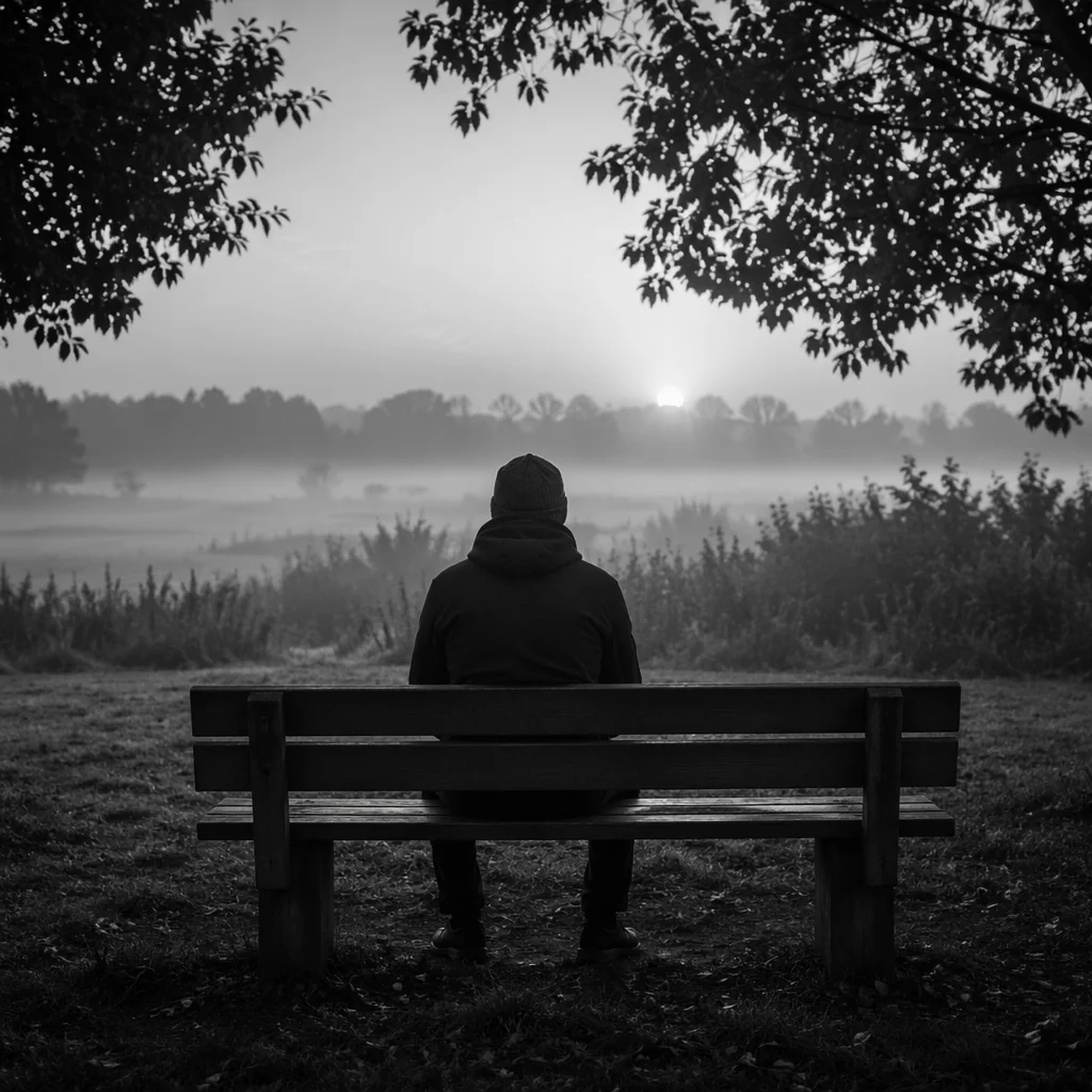 Solitary Bench Contemplation in Misty Park