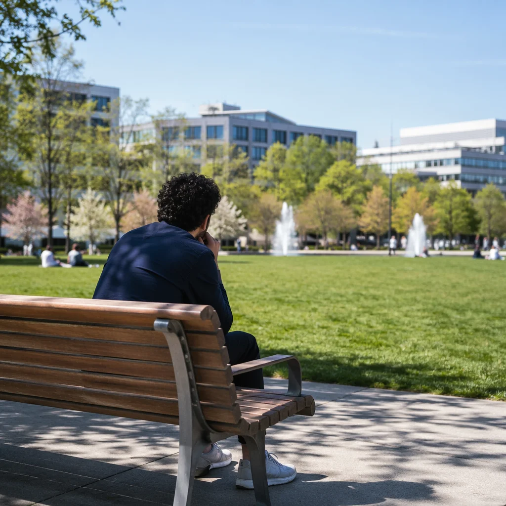 Solitary Park Bench Contemplation in Spring