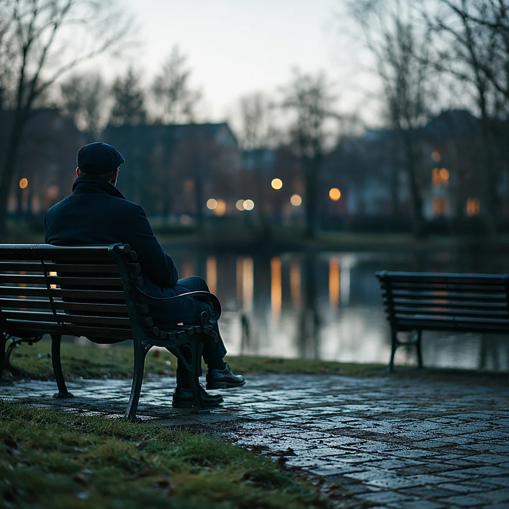 Solitary Reflection on Park Bench at Dusk
