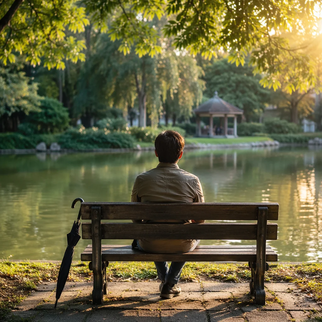 Solitary Reflection on Park Bench at Sunset