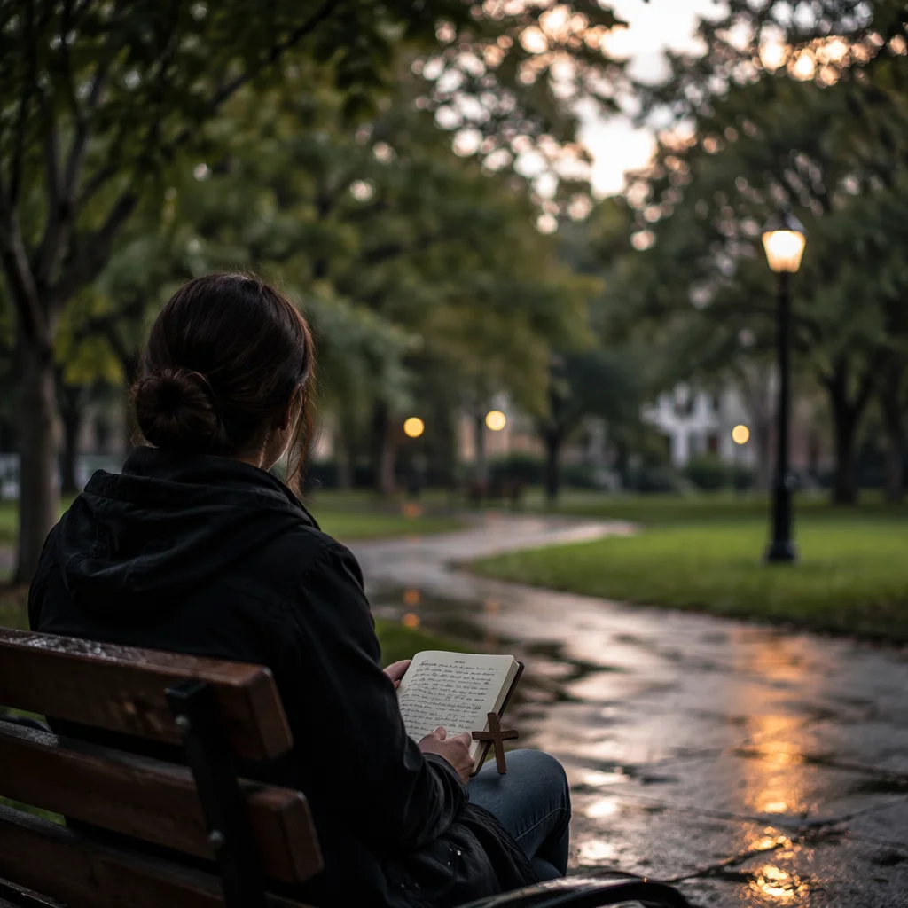 Solitary Prayer on a Rainy Park Bench