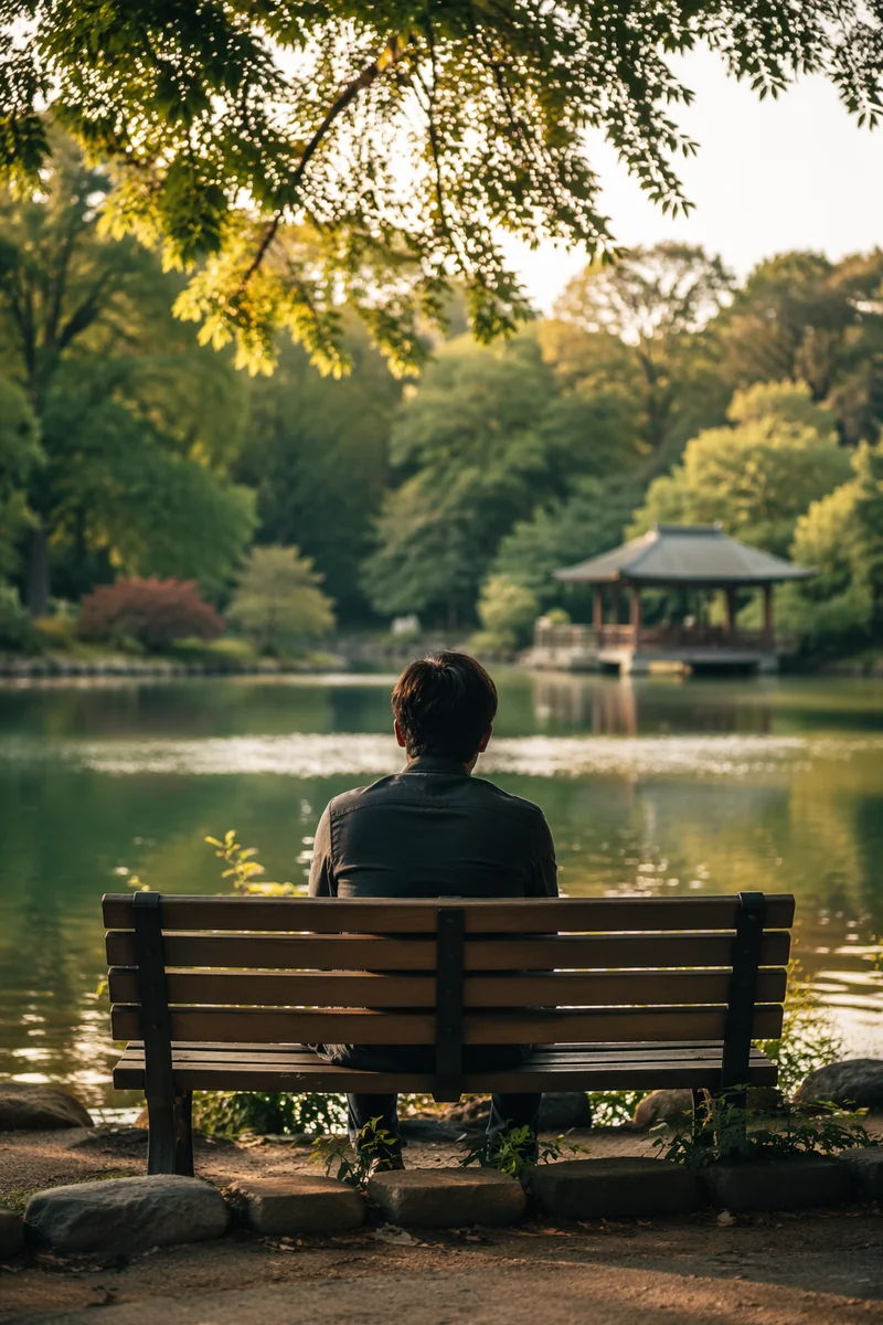 Contemplative Person on Lakeside Park Bench