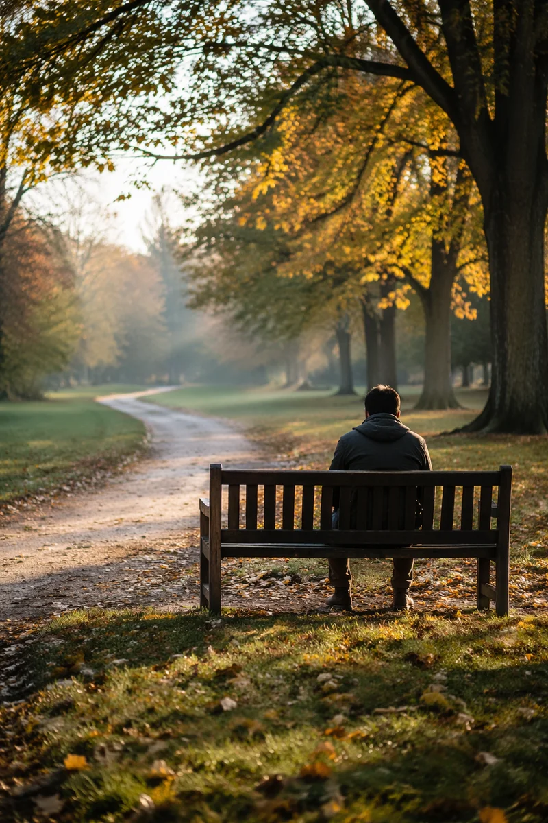 Solitary Reflection on Park Bench
