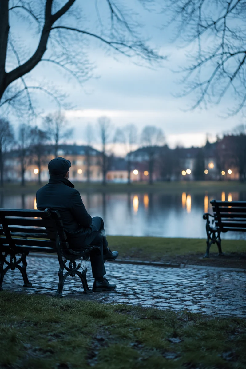 Solitary Contemplation on Park Bench at Dusk