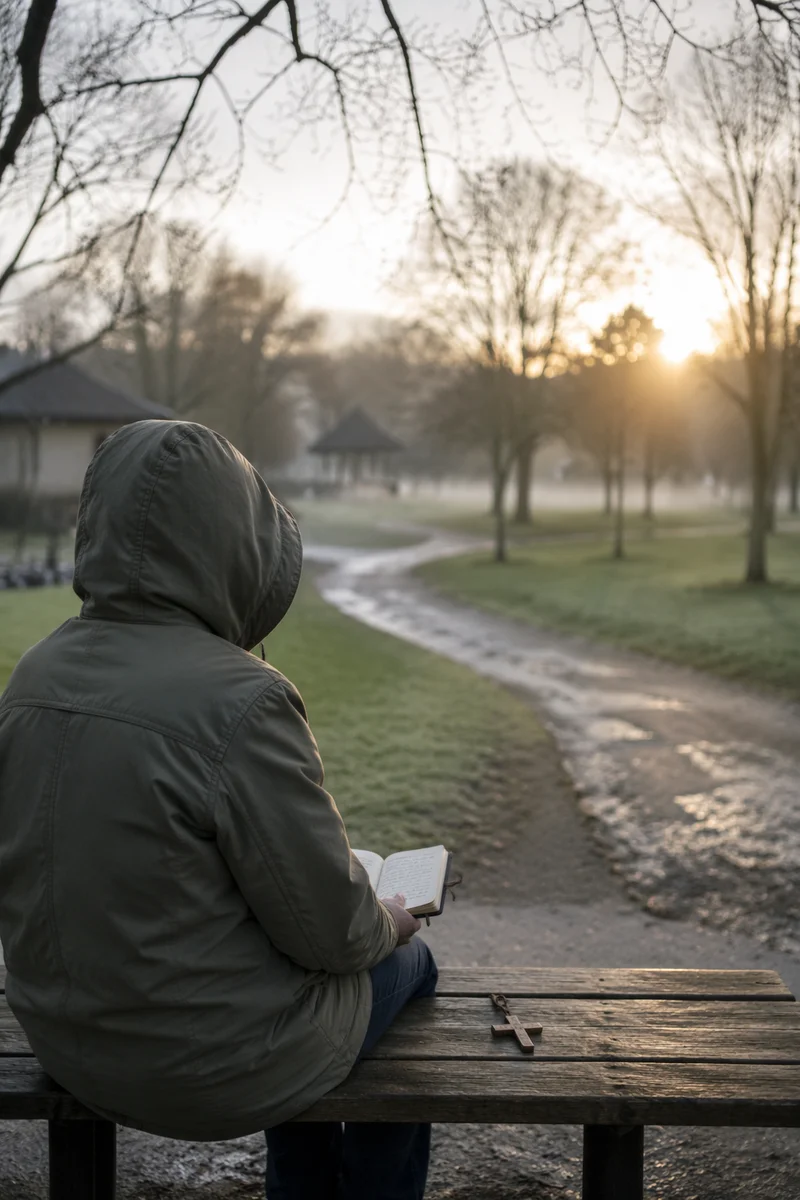 Solitary Dawn Reflection on Park Bench