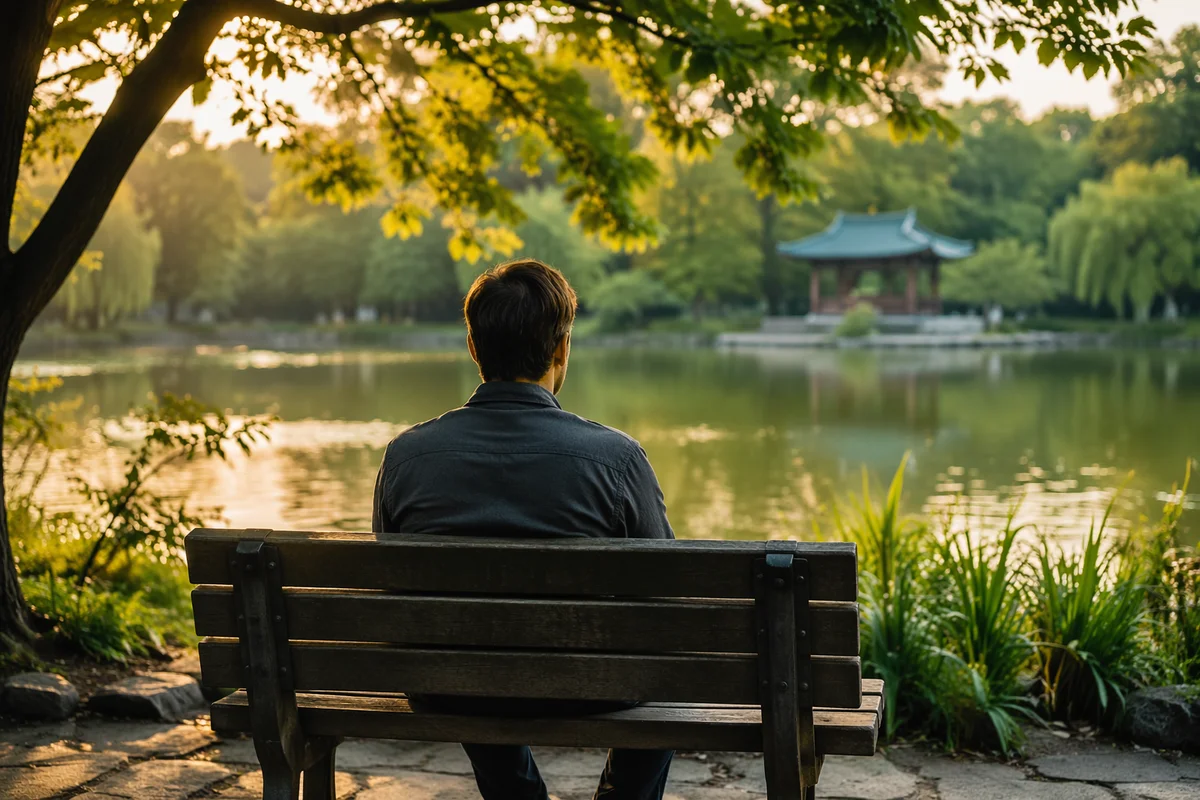 Solitary Reflection on a Lakeside Bench