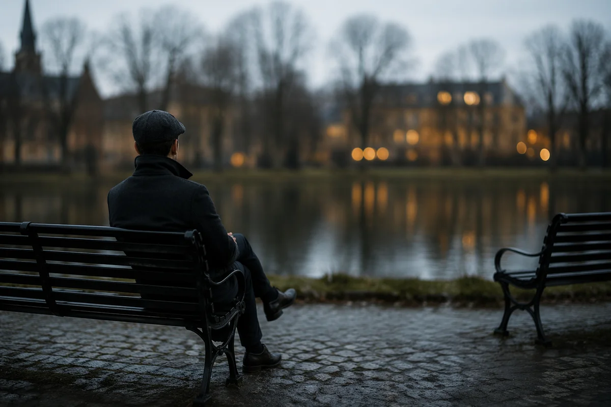 Solitary Reflection on Park Bench at Dusk