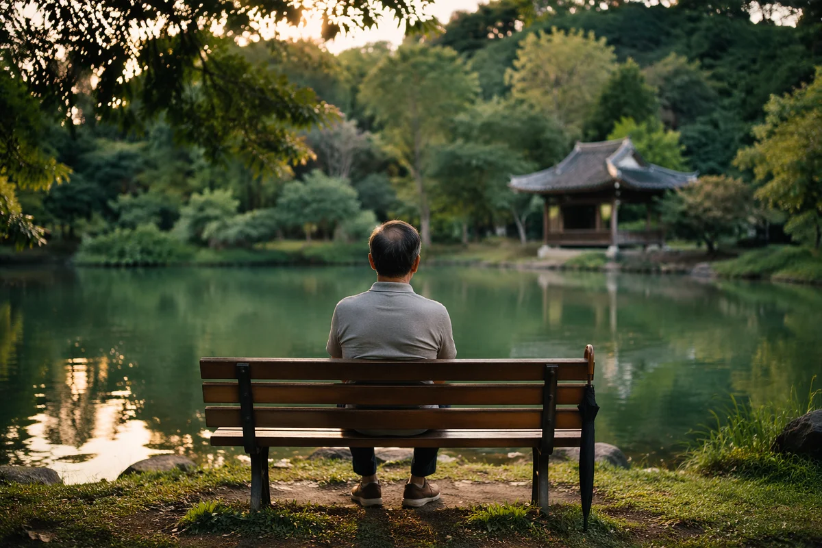 Solitary Reflection on Park Bench